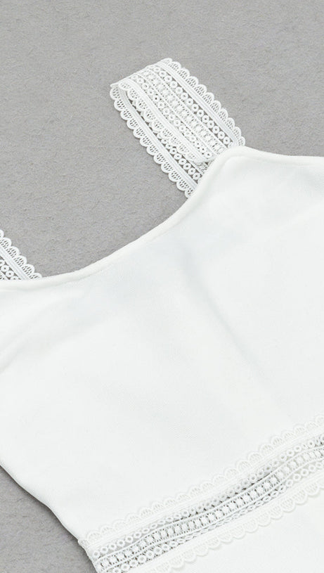 AGATHA MERMAID HEM FLORAL LACE BANDAGE MIDI DRESS IN WHITE