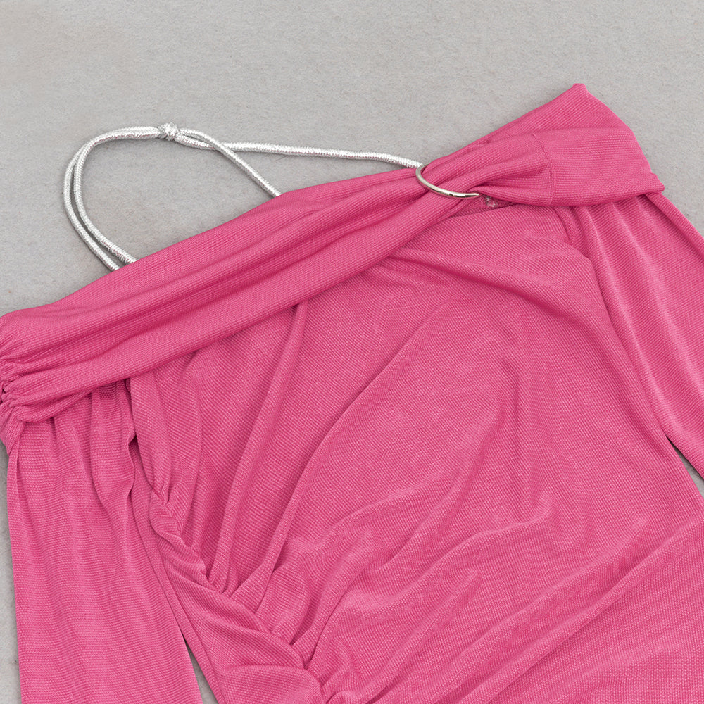 AIIZIE OFF SHOULDER RUCHED SPLIT THIGH DRESS IN PINK - product image