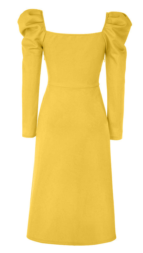 TWIST FRONT GIGOT SLEEVE MIDI DRESS IN YELLOW