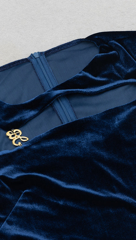 CORAL CUTOUT VELVET BODYCON MAXI DRESS IN DARK BLUE