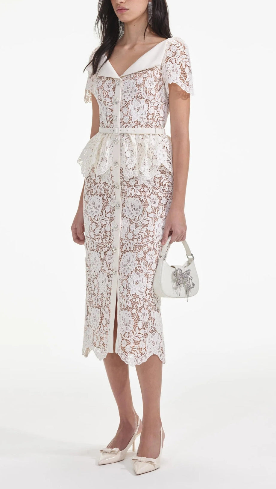 CREAM LACE PEPLUM MIDI DRESS