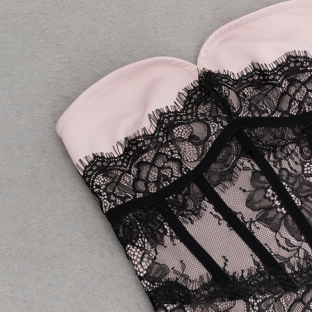 AIIZIE STRAPLESS BLACK LACE CORSET MAXI DRESS IN PINK - product image