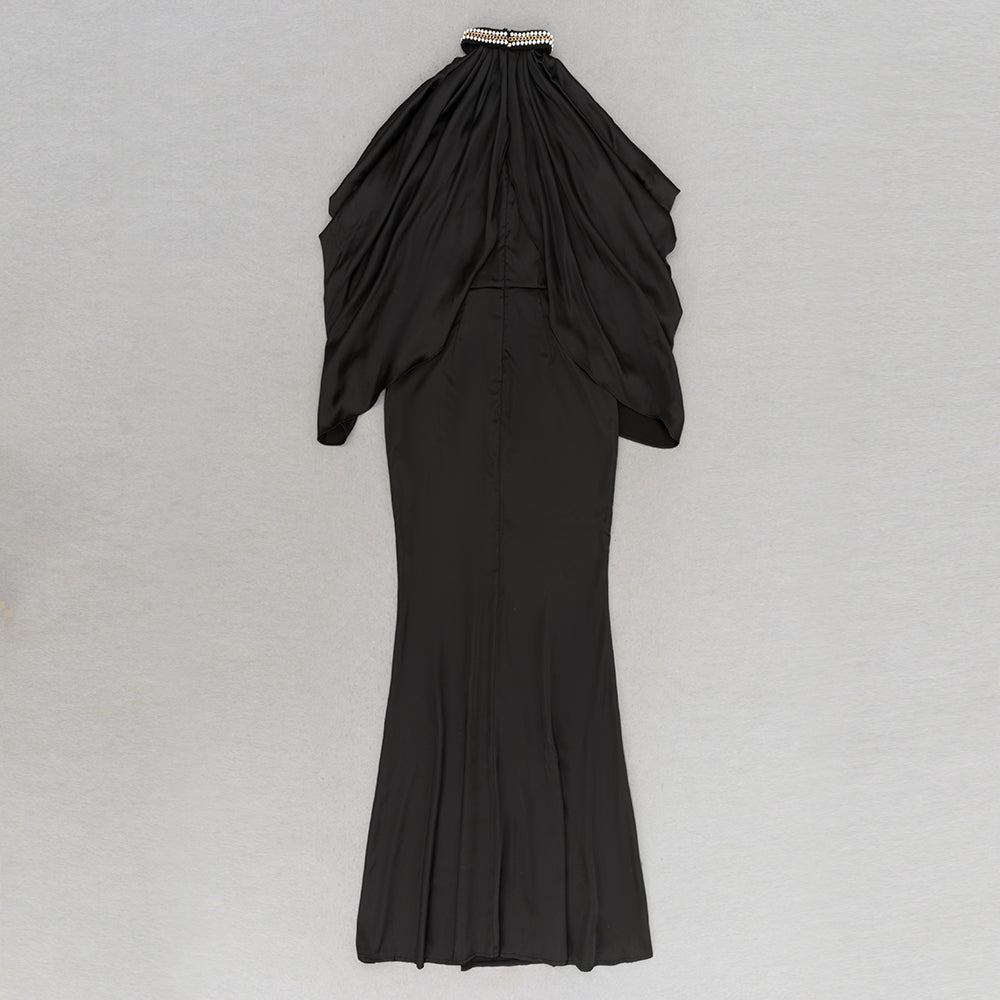 AIIZIE OFF-SHOULDER CRYSTAL HALTER MAXI DRESS IN BLACK - product image