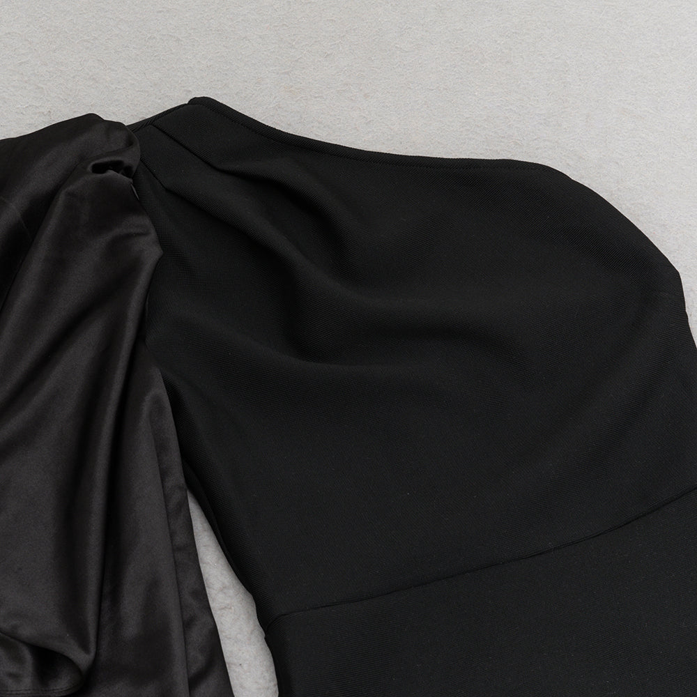 AIIZIE ONE-SHOULDER SATIN BODYCON MIDI DRESS IN BLACK - product image