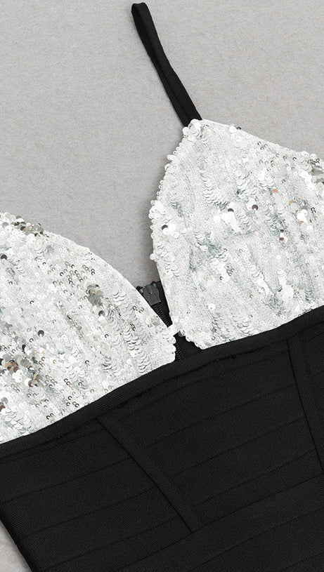 PHOEBE SEQUIN EMBELLISH BACK SPLIT BODYCON MAXI DRESS