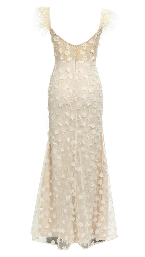 PENNY APRICOT FLORAL FEATHER EMBELLISH BODYCON MAXI DRESS