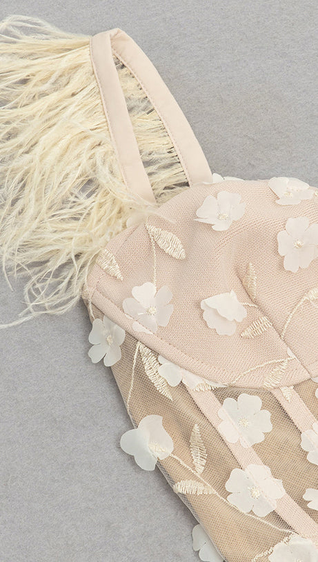 PENNY APRICOT FLORAL FEATHER EMBELLISH BODYCON MAXI DRESS