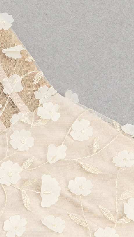 PENNY APRICOT FLORAL FEATHER EMBELLISH BODYCON MAXI DRESS