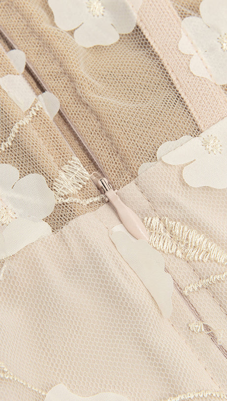 PENNY APRICOT FLORAL FEATHER EMBELLISH BODYCON MAXI DRESS