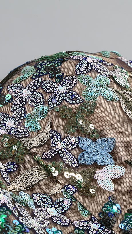 STRAPLESS DAHLIA SEQUINS EMBROIDERED MAXI DRESS GREEN