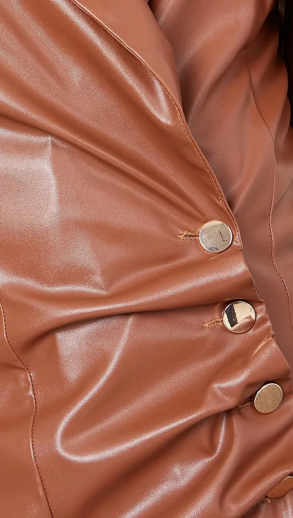 AIIZIE NOTCH LAPEL LEATHER BLAZER DRESS IN BROWN - product image