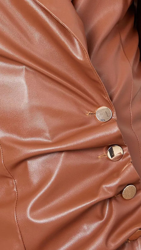 NOTCH LAPEL LEATHER BLAZER DRESS IN BROWN