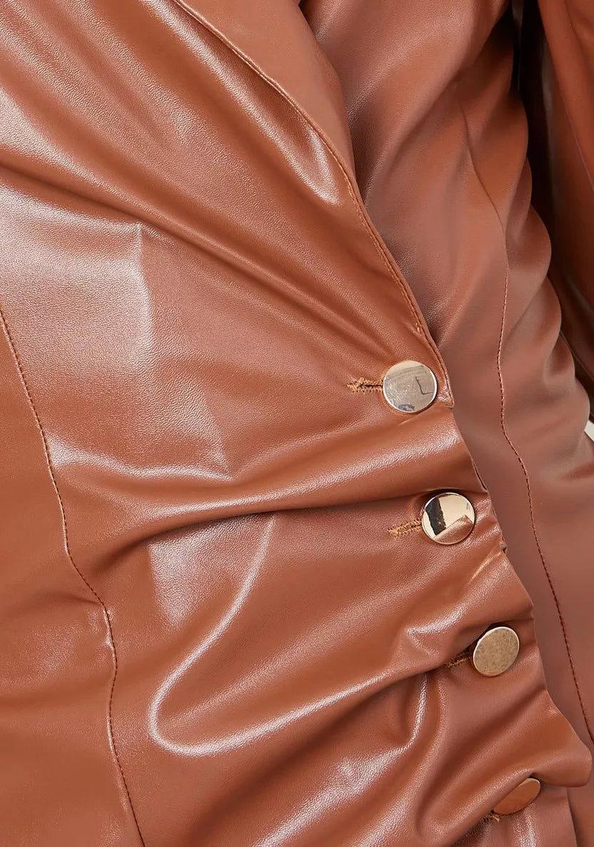 NOTCH LAPEL LEATHER BLAZER DRESS IN BROWN