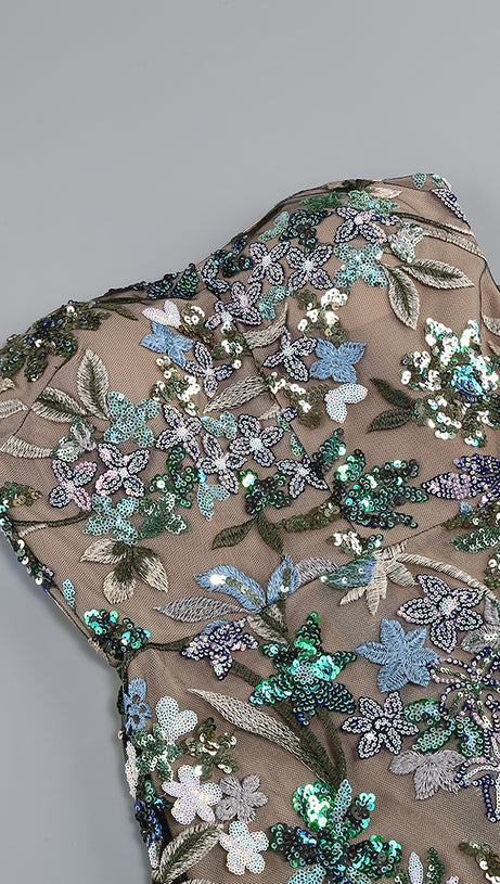 STRAPLESS DAHLIA SEQUINS EMBROIDERED MAXI DRESS GREEN