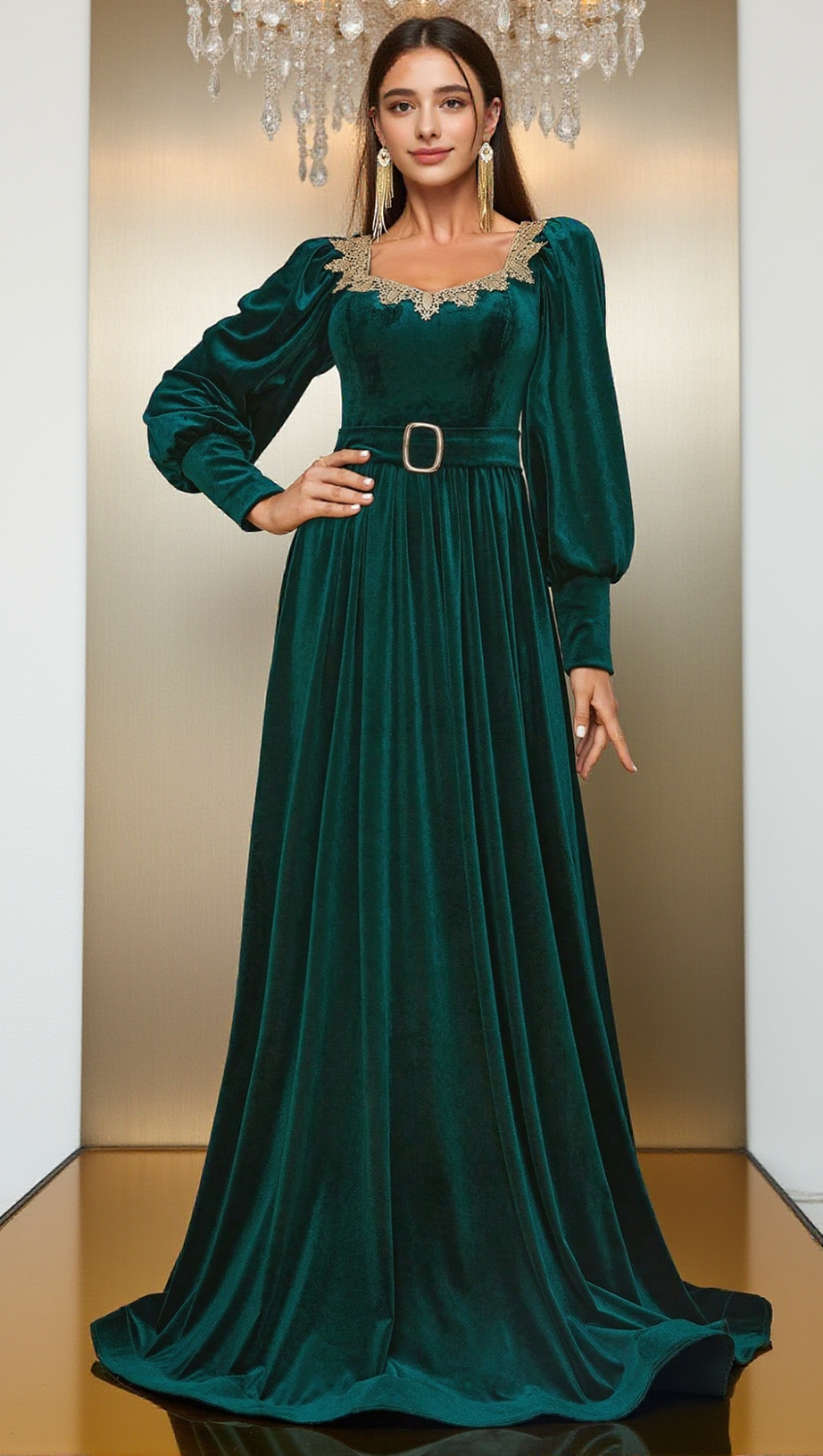 ATHENA VELVET LANTERN SLEEVE MAXI DRESS IN DARK GREEN