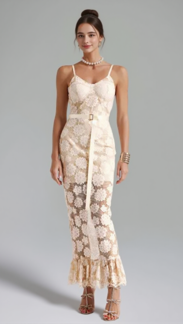 AIIZIE WHITE FLORAL EMBELLISHED LACE BODYCON MAXI DRESS - product image