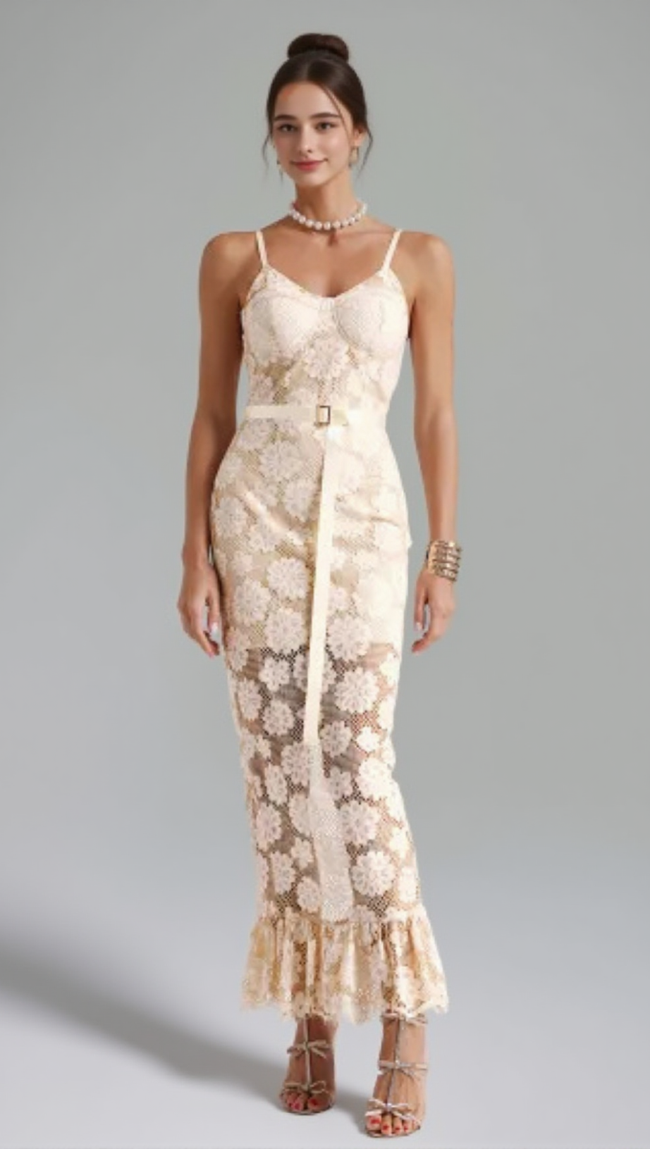 WHITE FLORAL EMBELLISHED LACE BODYCON MAXI DRESS