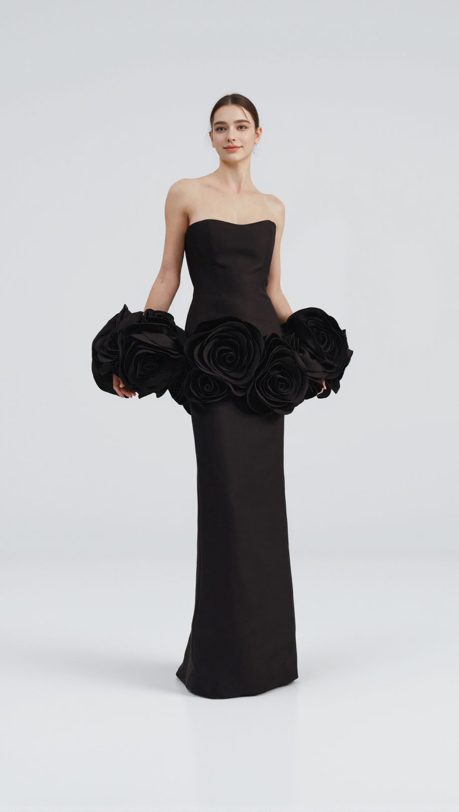 BLACK STRAPLESS MAXI DRESS WITH FLOWER EMBELLISHMENTS