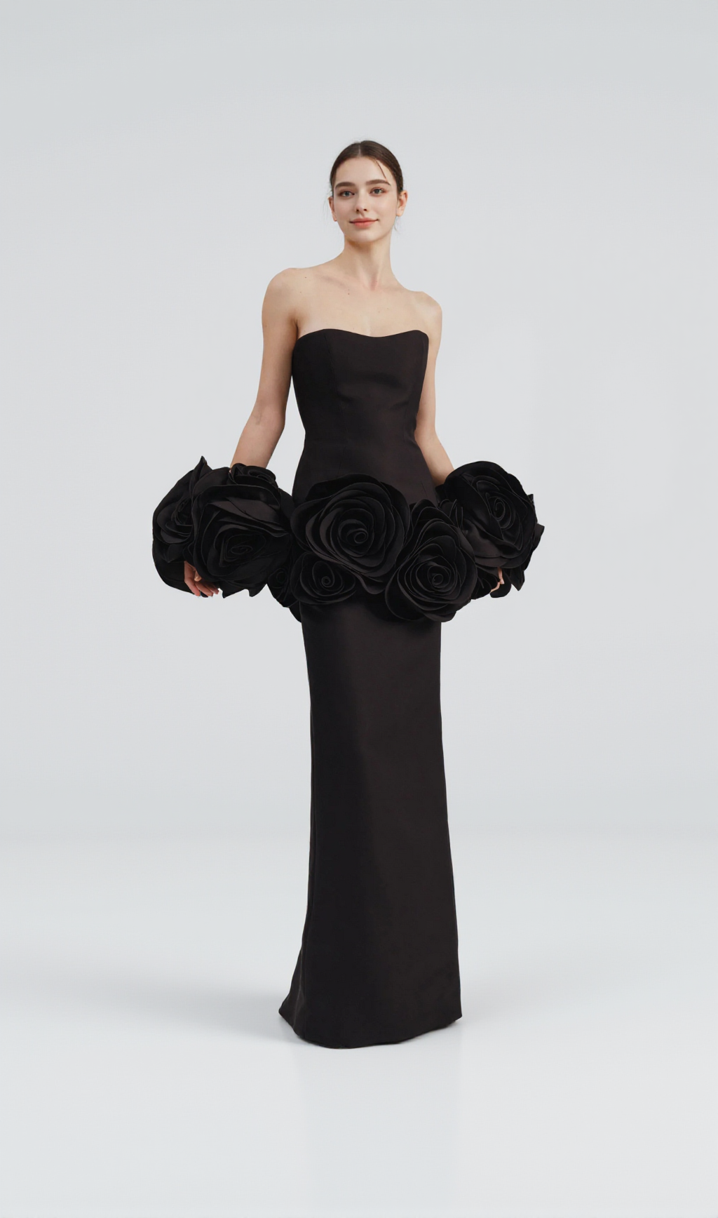black strapless maxi dress with flower embellishments