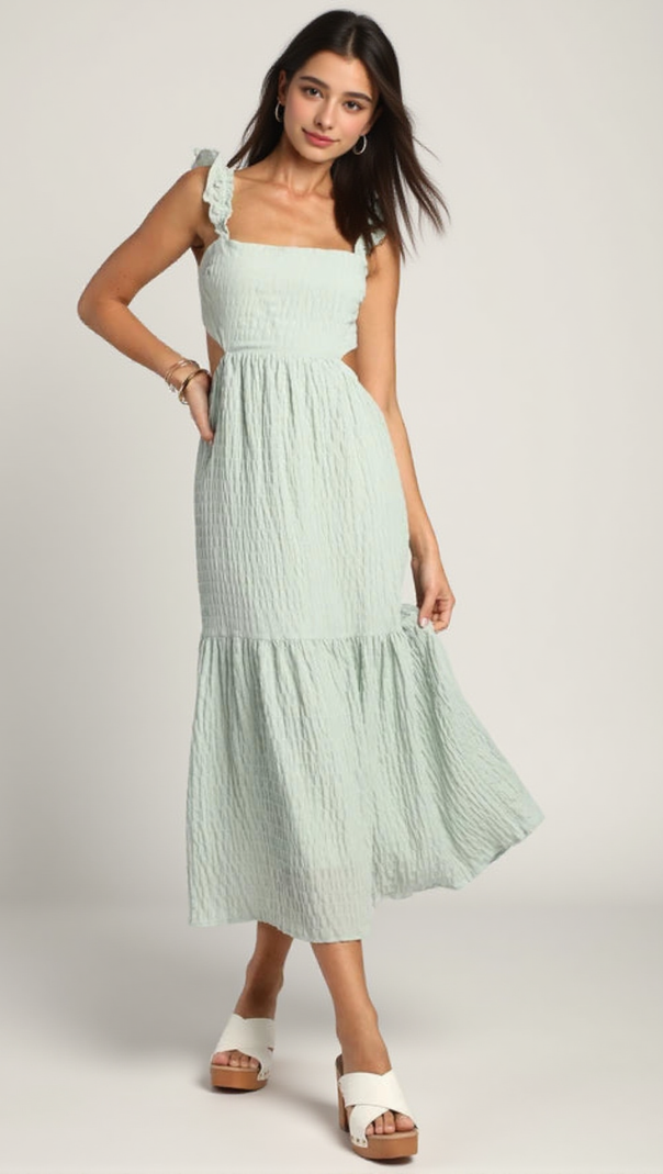 Mintgrünes, gesmoktes Midikleid mit Stufen und Bindeband