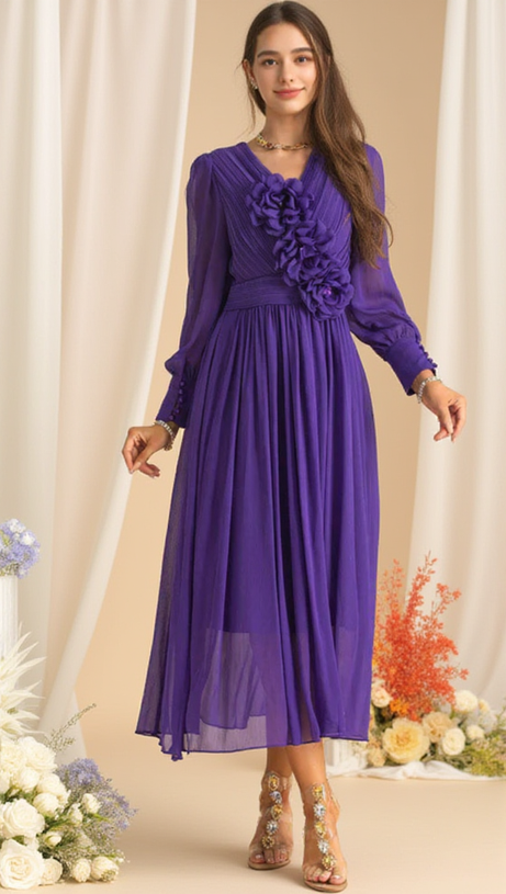 THREE-DIMENSIONAL FLOWER V-NECK PURPLE CHIFFON MAXI DRESS