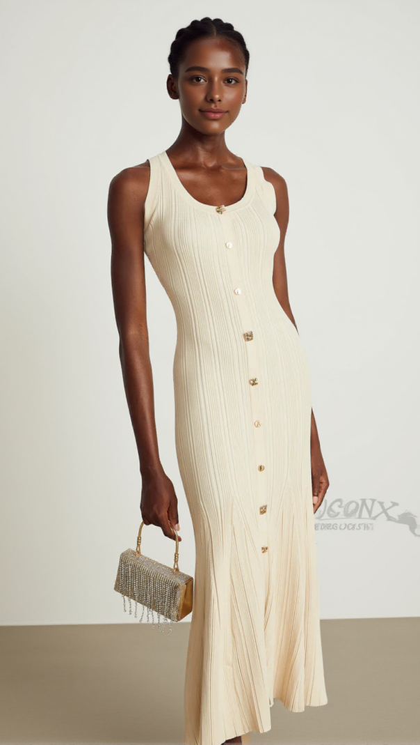 AIIZIE BUTTON-EMBELLISHED RIBBED-KNIT MIDI DRESS IN APRICOT - product image