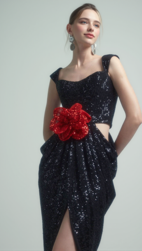 AIIZIE MIDNIGHT BLOOM 3D ROSE MAXI DRESS - product image