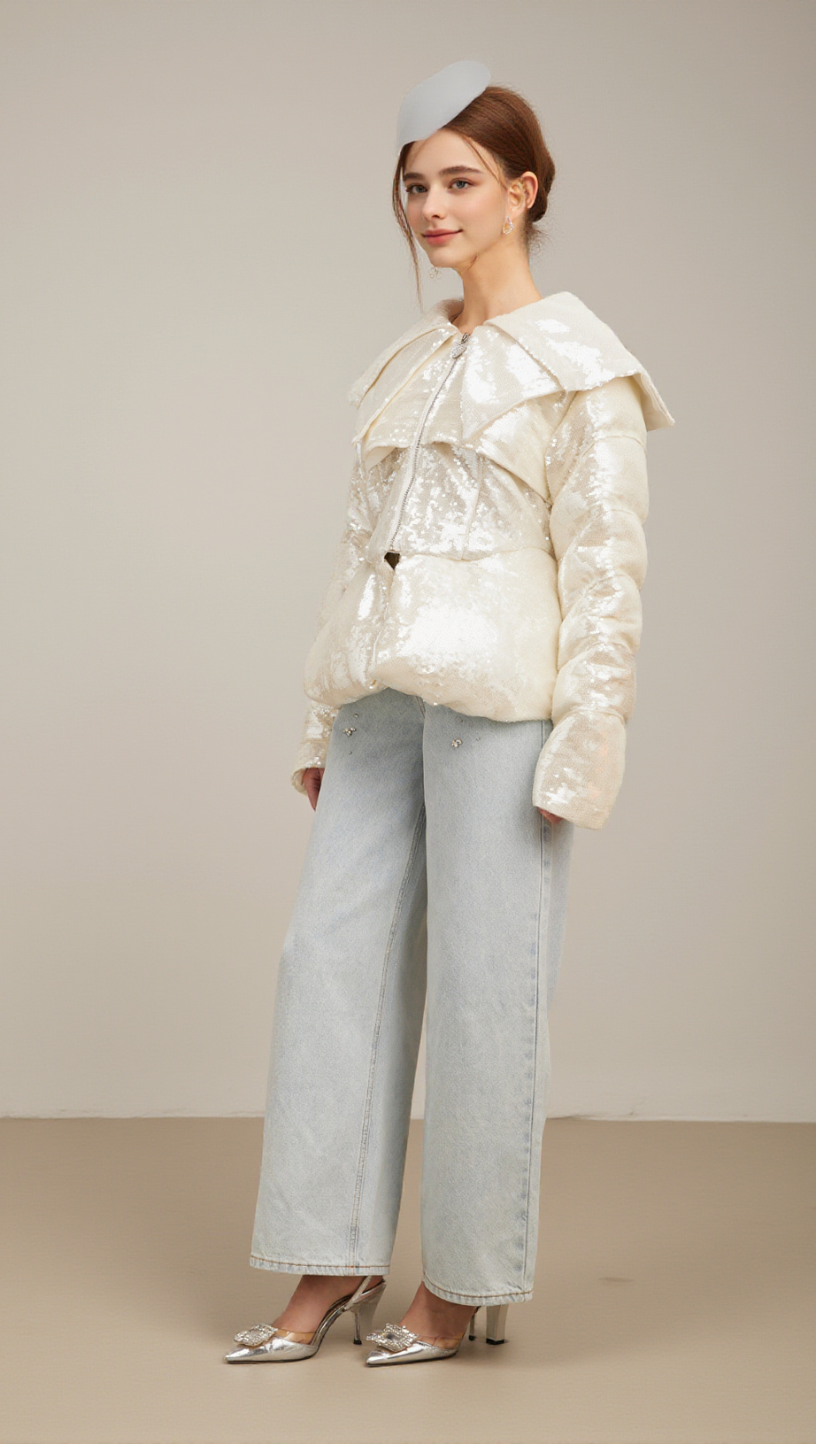 JOSLYN WHITE SEQUINED DOWN COAT