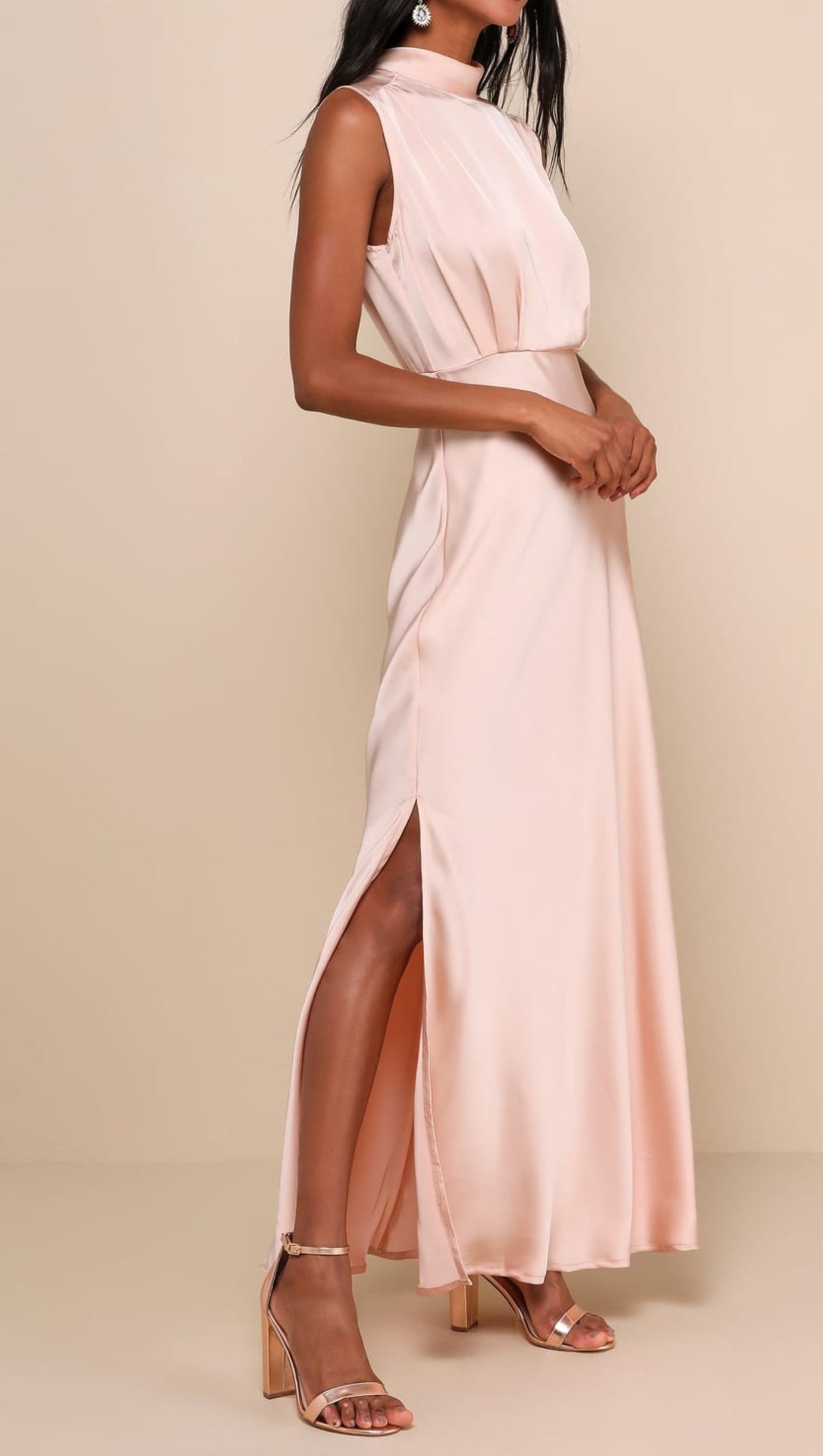 BLUSH SATIN SLEEVELESS MOCK NECK MAXI DRESS