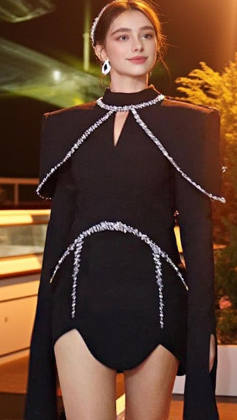 DIAMOND CHAIN EMBELLISHED TRUMPET SLEEVE MINI DRESS IN BLACK