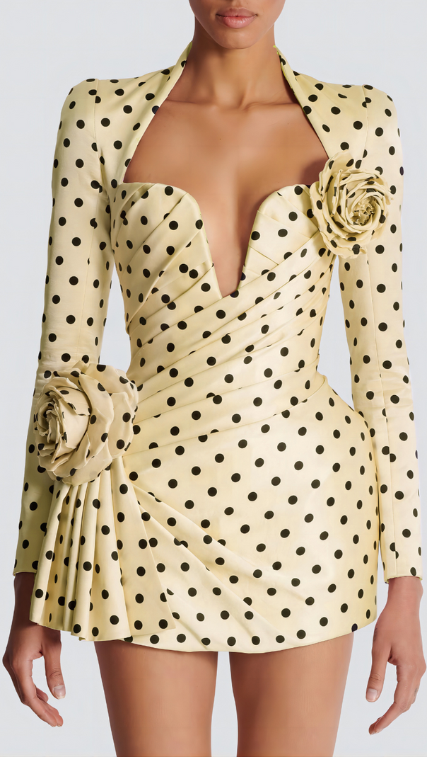 AIIZIE JENNY POLKA DOTS SATIN MINI DRESS IN YELLOW - product image