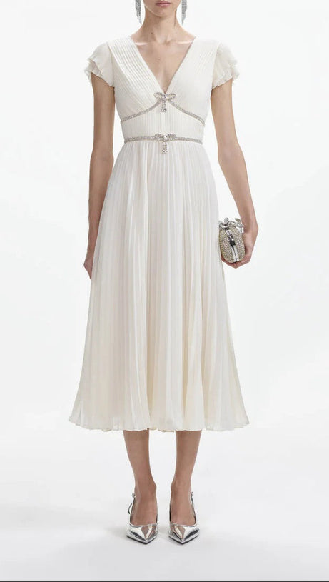 karen v-neck bow pleated chiffon midi dress - white