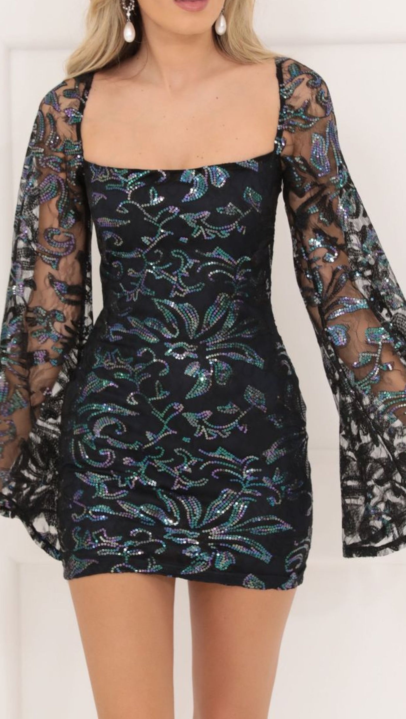 BLACK MESH SEQUIN FLARE SLEEVE DRESS IN NAVY