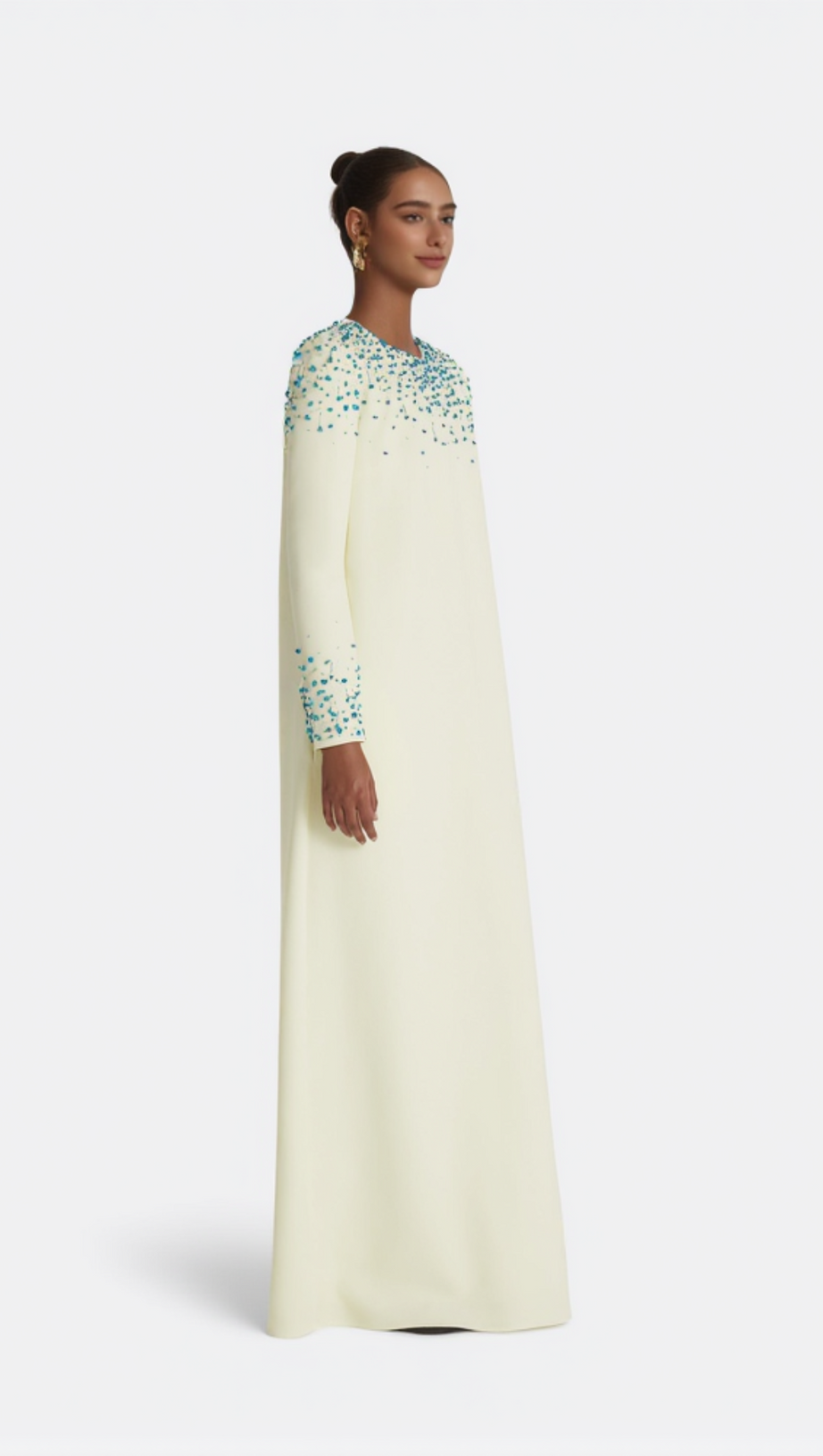 RHINESTONE EMBELLISHED ROUND NECK MAXI DRESS IN BEIGE