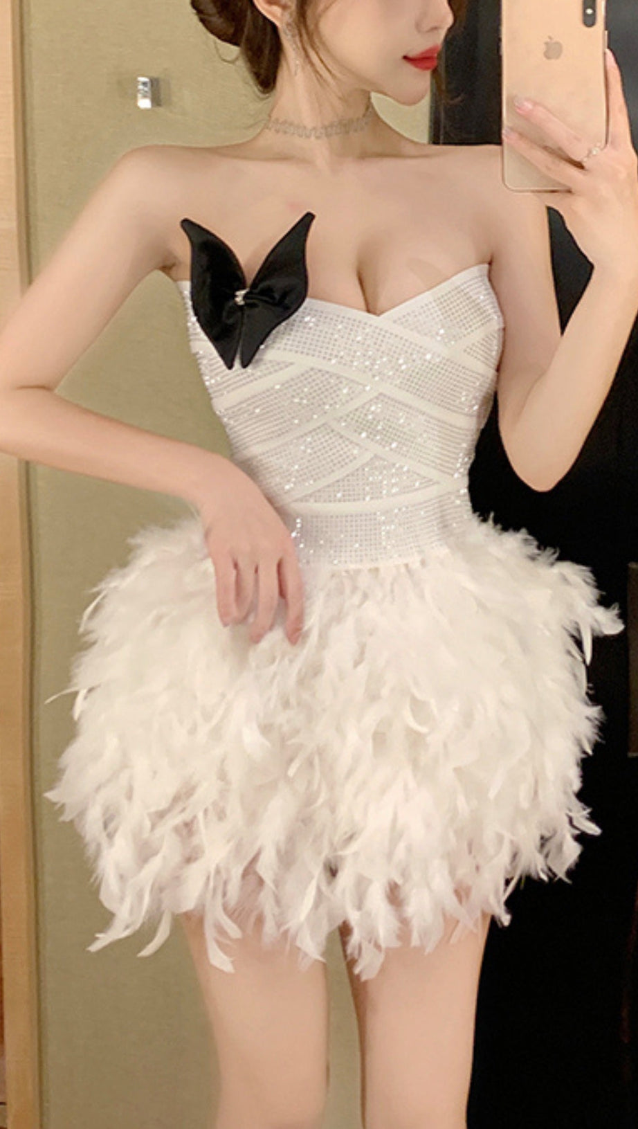 RHINESTONE FEATHER STRAPLESS MINI DRESS IN WHITE