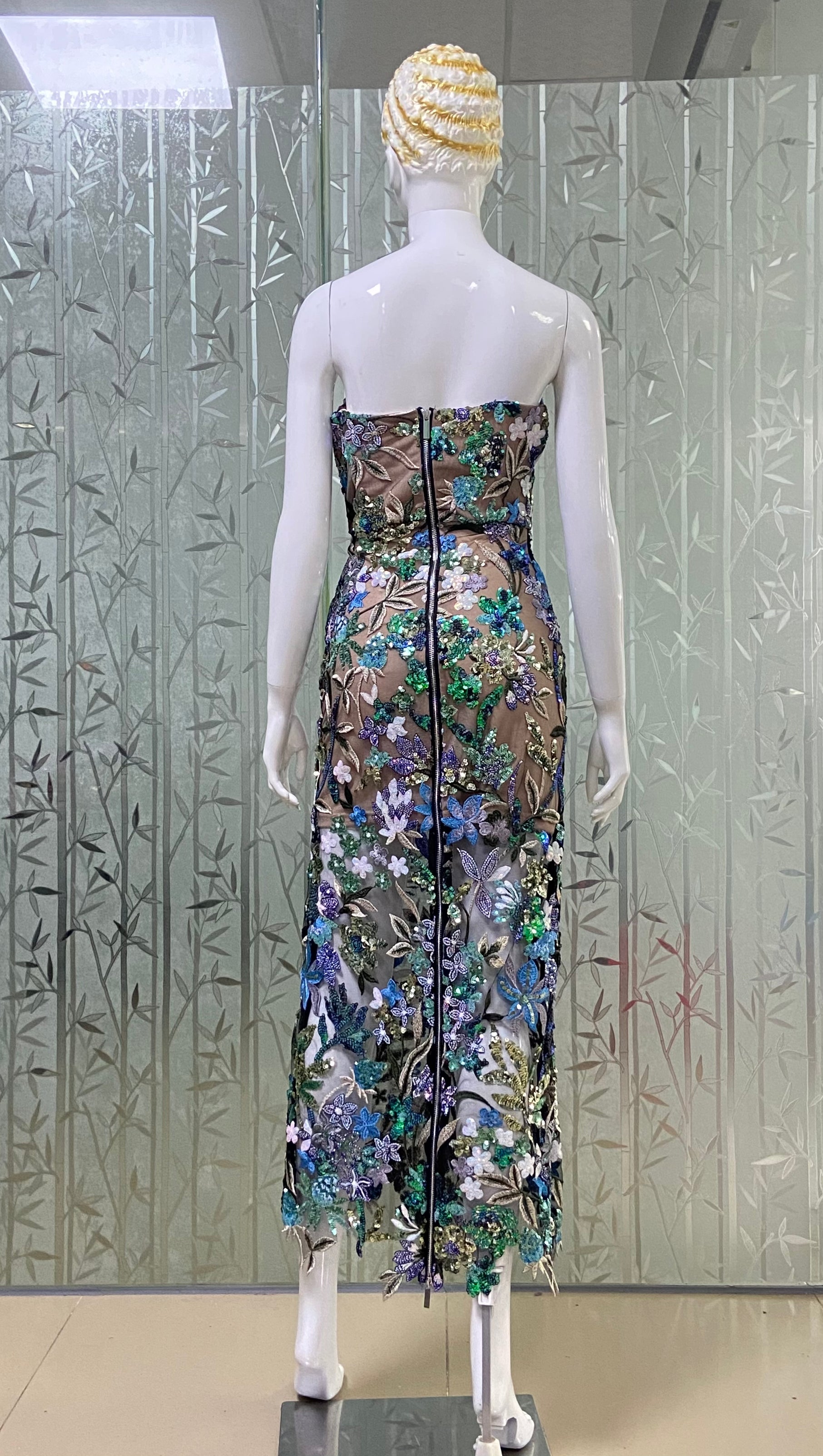AIIZIE STRAPLESS DAHLIA SEQUINS EMBROIDERED MAXI DRESS GREEN - product image
