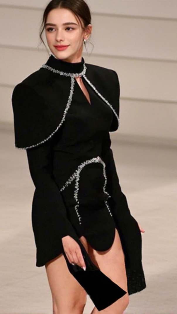 AIIZIE DIAMOND CHAIN EMBELLISHED TRUMPET SLEEVE MINI DRESS IN BLACK - product image