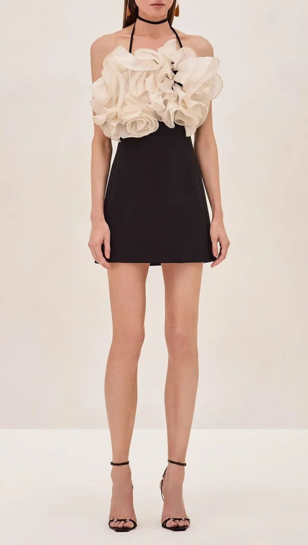 AIIZIE Jameela Black Halter Ruffle Mini Dress - Chic Cocktail & Party Attire - product image