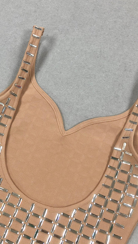 SEQUIN-EMBELLISHED SLIT MIDI DRESS IN APRICOT