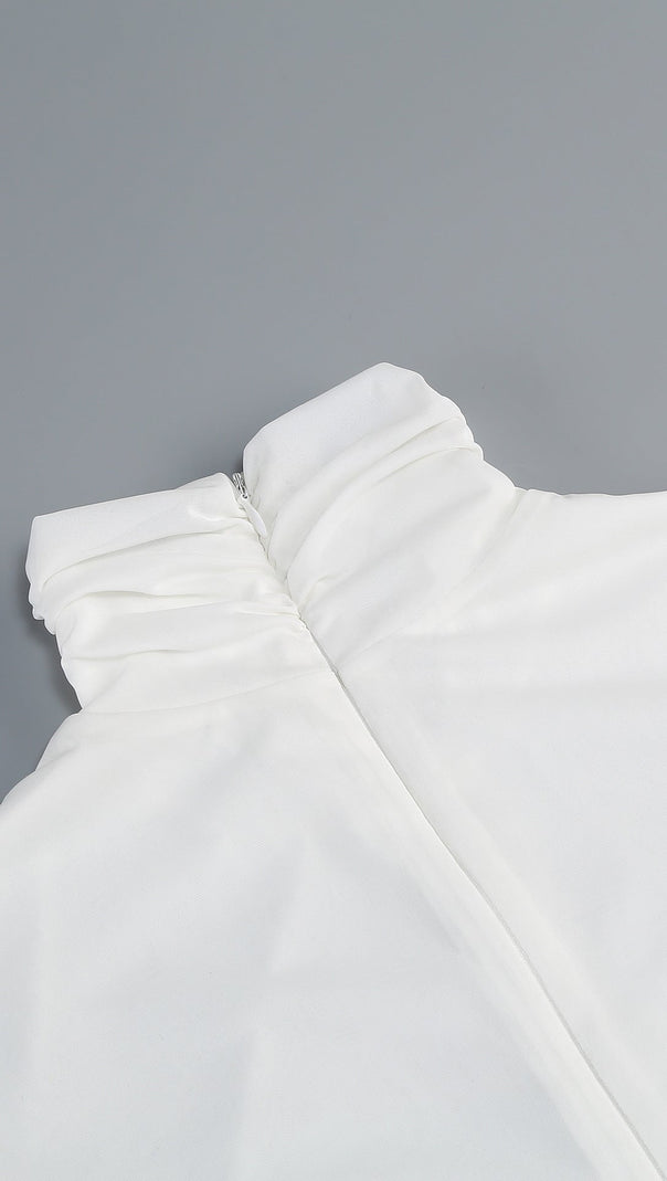 Jabbar Sculptural White Ruched Midi Dress | Elegant Long Sleeve Bodycon for Women