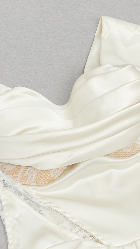 CAMILLE WHITE SATIN CORSET OFF SHOULDER GOWN