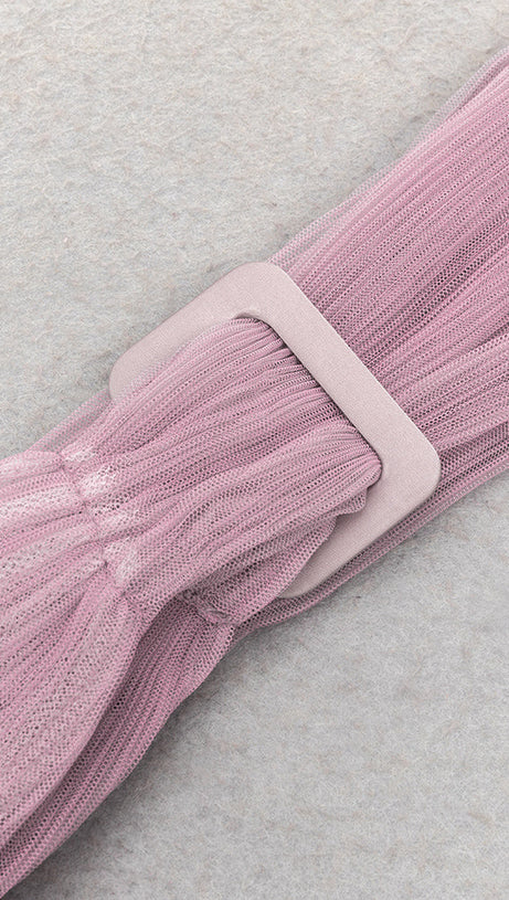 YETTA DUSTY PINK OFF-SHOULDER SLEEVELESS RUCHED GOWNS