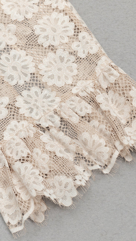 WHITE FLORAL EMBELLISHED LACE BODYCON MAXI DRESS