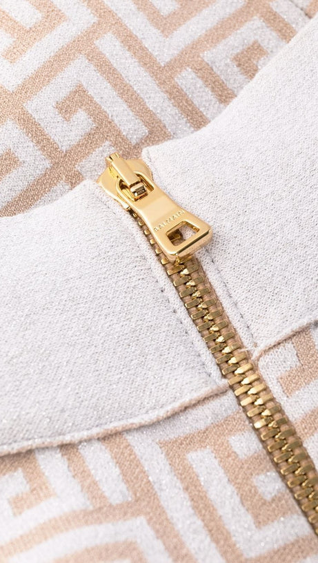 MONOGRAM-PATTERN LONG-SLEEVE DRESS IN BEIGE