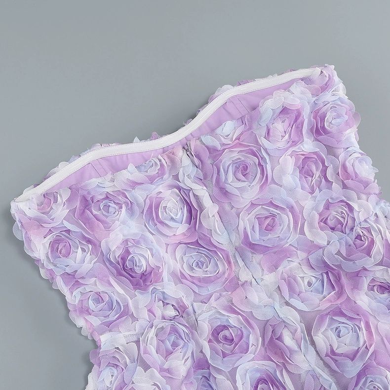 3D ROSE FLOWER STRAPLESS MIDI DRESS IN PURPLE