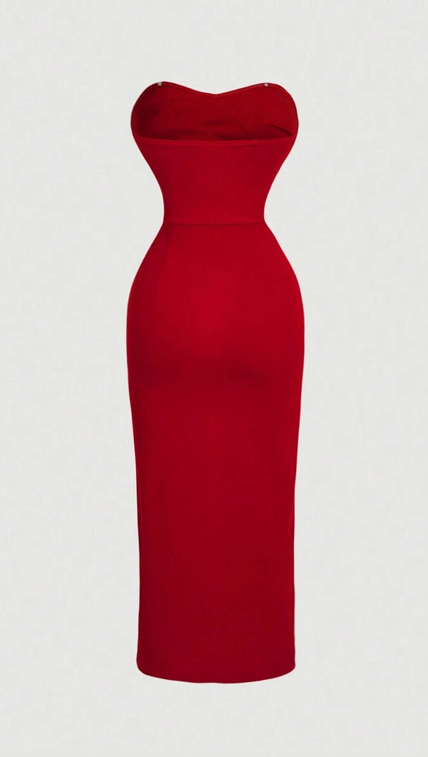 AIIZIE MICHELLE 3D FLOWER STRAPLESS MIDI DRESS IN RED - product image