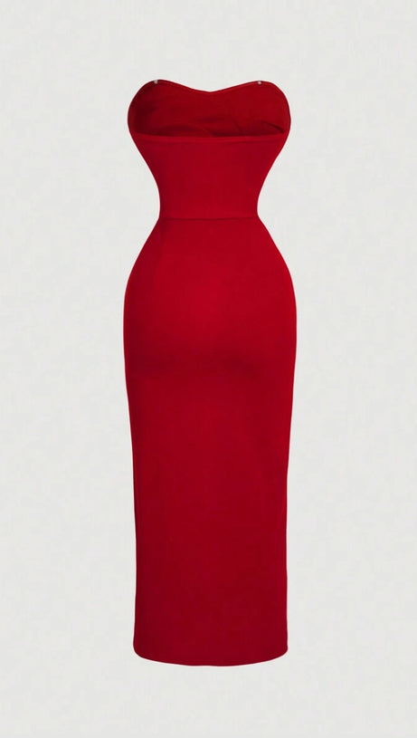 MICHELLE 3D FLOWER STRAPLESS MIDI DRESS IN RED