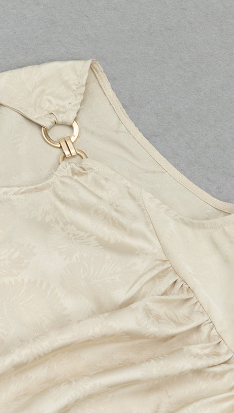 CHAMPAGNE RUCHED JACQUARD SLEEVELESS MIDI DRESS