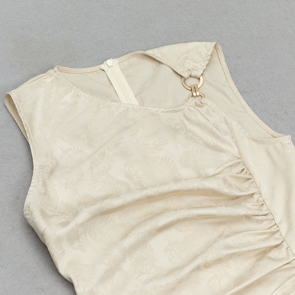 CHAMPAGNE RUCHED JACQUARD SLEEVELESS MIDI DRESS