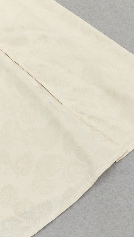 CHAMPAGNE RUCHED JACQUARD SLEEVELESS MIDI DRESS